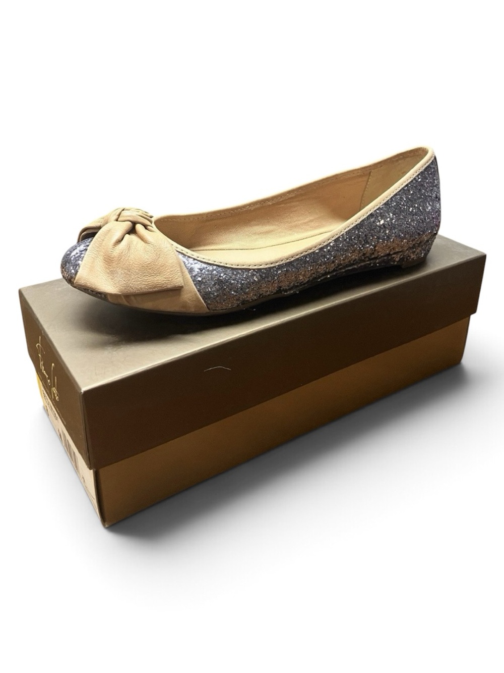 Franco Sarto Silver Glitter Ballet Flats Nude Leather Bow Shoes Size 8M Box